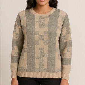 Chelsea & Violet Metallic Wool Blend Sweater Small Tan Silver Striped Pullover